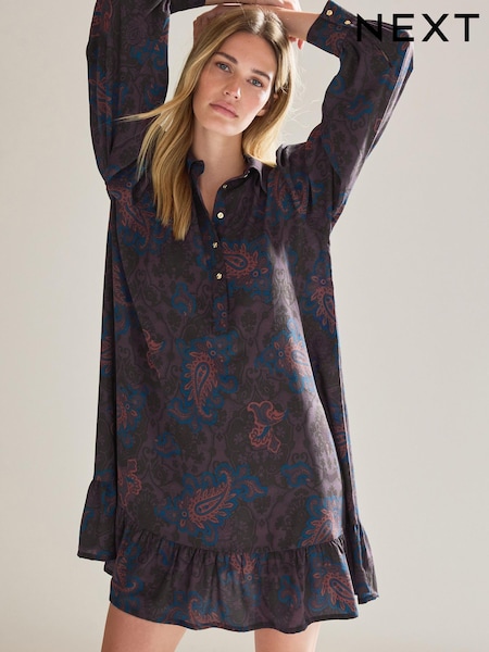 Purple Floral Paisley - Long Sleeve Mini Shirt Dress (847438) | €8