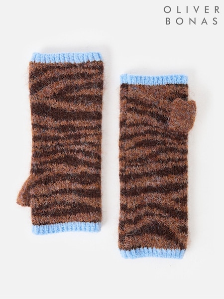 Brown/Blue - Oliver Bonas Tiger Print Knitted Wrist Warmers Gloves