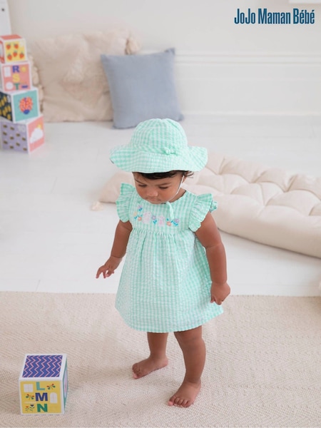 JoJo Maman Bébé Duck Egg 3-Piece Gingham Bunny Embroidered Dress With Knickers & Floppy Hat Set (847829) | €47