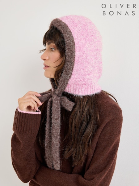 Pink Marl & Brown - Oliver Bonas Fluffy Knitted Hood Hat