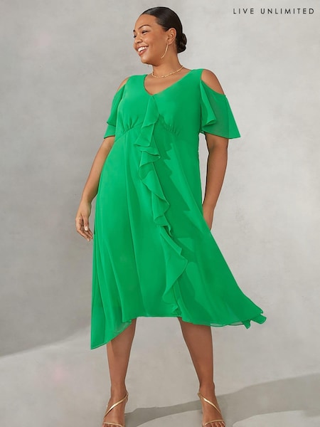 Live Unlimited Green Curve Ruffle Cold Shoulder frill front Dress (848331) | €66
