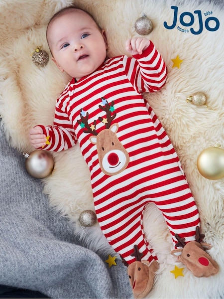 Jojo Maman Bébé Stripe Reindeer Appliqué Cotton Baby Sleepsuit (8483C4) | € 27