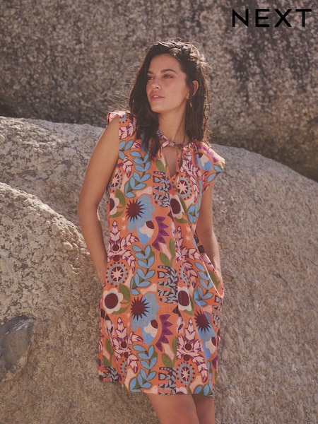 Orange – Tropisches Blumenmuster - Tie Neck Linen Blend Summer Dress (849066) | 7 €