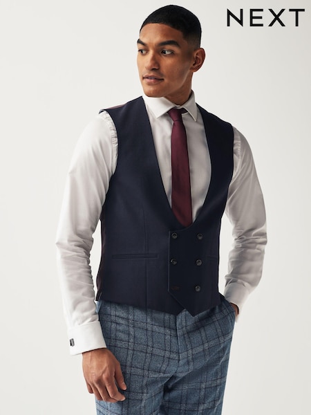 Blue Regular Fit Trimmed Check Suit Waistcoat (849306) | €10