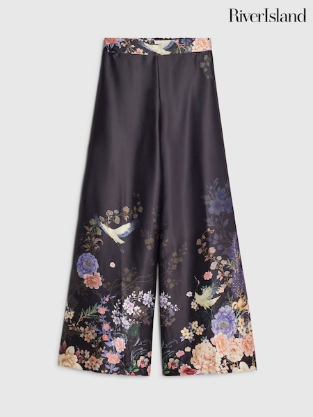 Black - River Island Petite Border Print Wide Leg Trousers