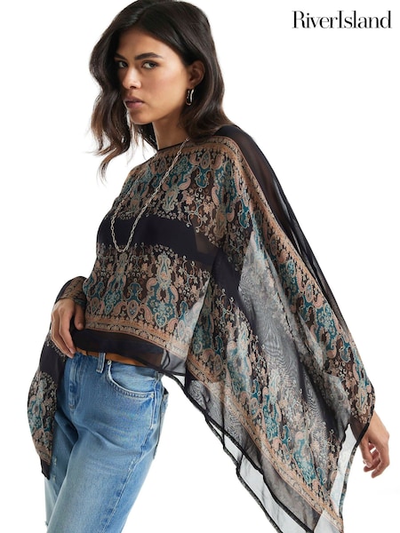 Black - River Island Paisley Scarf Print Batwing Top