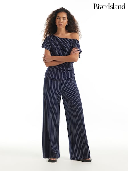Blue - River Island Pinstripe Wide Leg Trousers