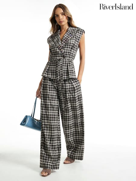 Black - River Island Check Front Pleat Wide Leg Trousers
