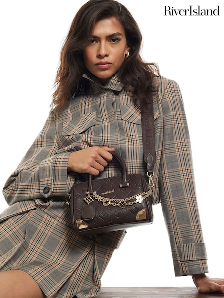 Brown - River Island Embossed Metal Corner Bowler Bag