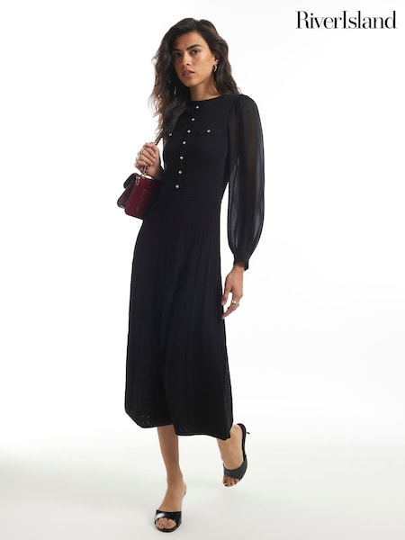 Black - River Island Long Sleeve Chiffon Pointelle Dress