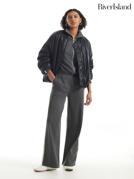 Grey - River Island Grey Pinstripe Wide Leg Trousers