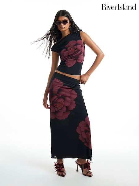 Black - River Island Mesh Floral Print Maxi Skirt