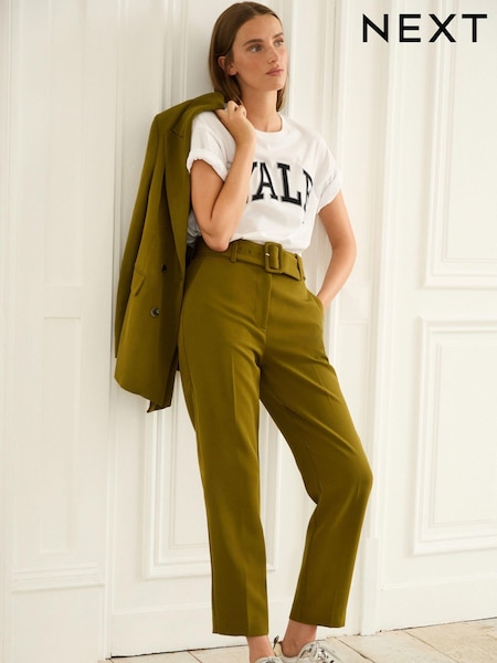 Olive Green Tailored Belted Taper Trousers (853549) | €11