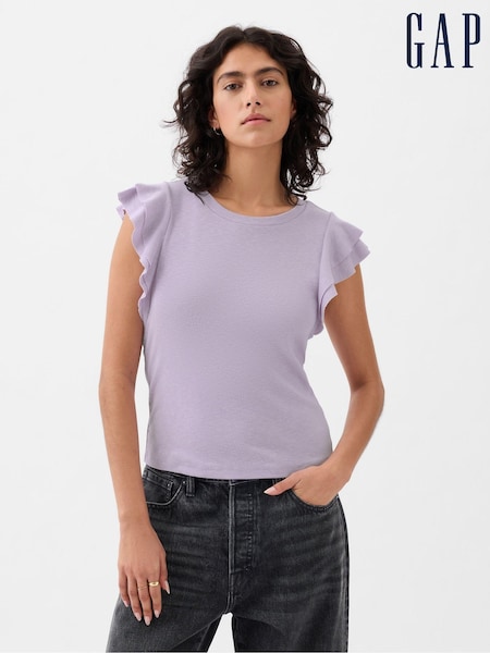 Gap Purple Essential Ribbed Flutter Sleeve Crew Neck T-Shirt (853970) | €9