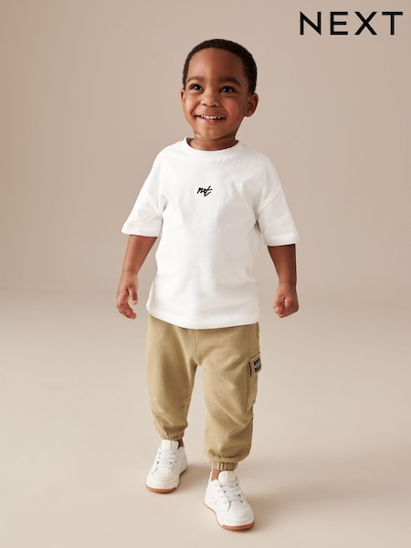 White/Tan Short Sleeve 100% Cotton T-Shirt and Utility Joggers Set (3mths-7yrs) (854123) | $19 - $26