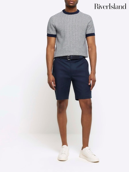 أزرق - شورت تشينو بتلبيس رشيق مع حزام من القطن 100% من River Island (854765) | ‏17 ر.ع.‏