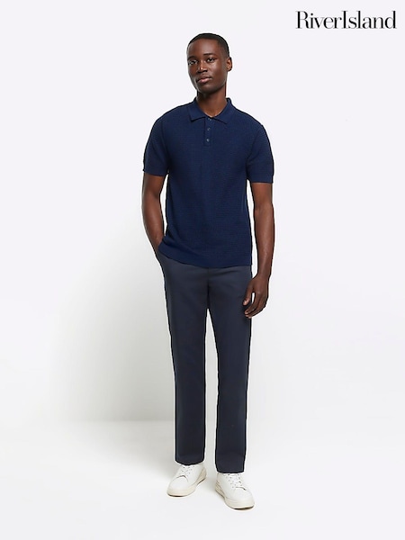 River Island Blue Textured Knitted Polo Shirt (855015) | 148 QAR