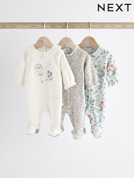 Weiß/Blau - Baby 100% Cotton Sleepsuits 3 Pack (0-3yrs) (855030) | 19 € - 21 €