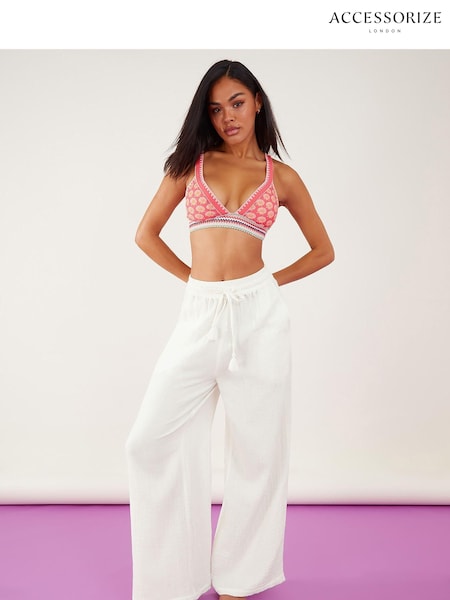 Accessorize White Crinkle Beach 100% Cotton Trousers (855554) | ₪201