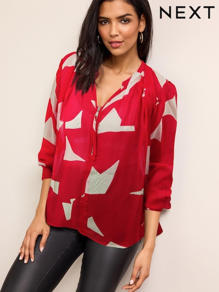 Red/Ecru Cream Geo Cuffed Long Sleeve Sheer V-Neck Zip Detail Blouse (857055) | €7