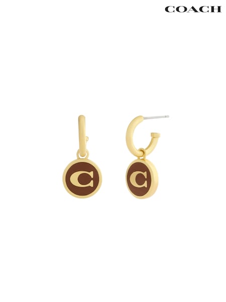 Brown - Coach Signature C Enamel Coin Charm Huggie Earrings
