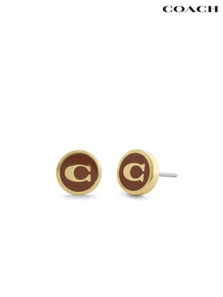 Brown - Coach Signature C Enamel Coin Stud Earrings