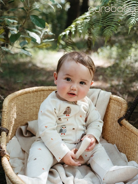 Natural - Purebaby Thick Footed Two-way Zip Sleepsuit & Bib Set