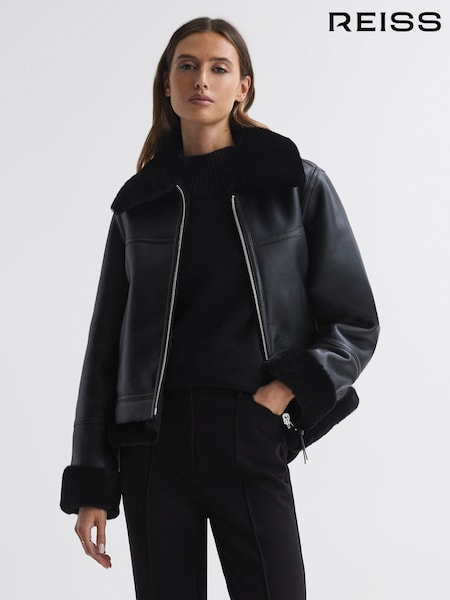 Reiss Black Melody Reversible Leather Shearling Zip-Through Jacket (859219) | €515