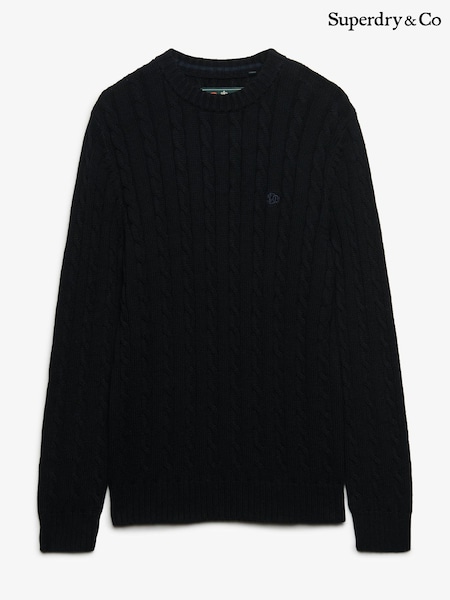 Černý - Regular Superdry Cotton Cable Knit Crew Neck Jumper