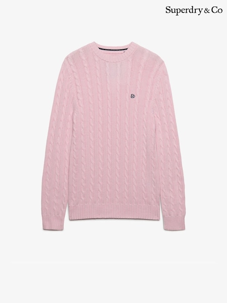 Pink - Regular Superdry Cotton Cable Knit Crew Neck Jumper
