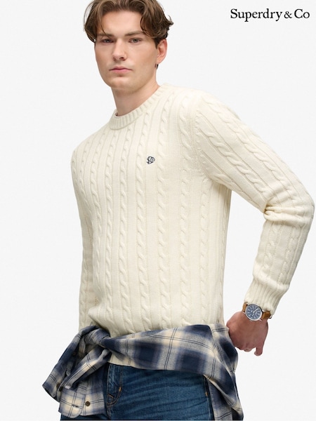 كريم - Regular Superdry Cotton Cable Knit Crew Neck Jumper