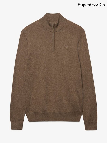 Brown - Regular Superdry Essential Lightweight Wool Blend Half Zip Jumper