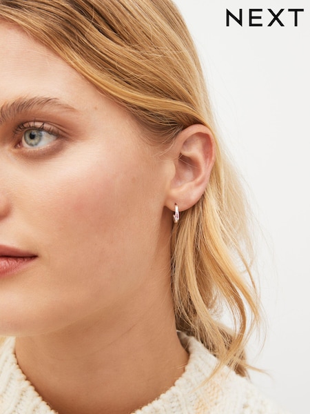 Sterling Silver Plated Baguette Birthstone Hoop Earrings (860371) | €9