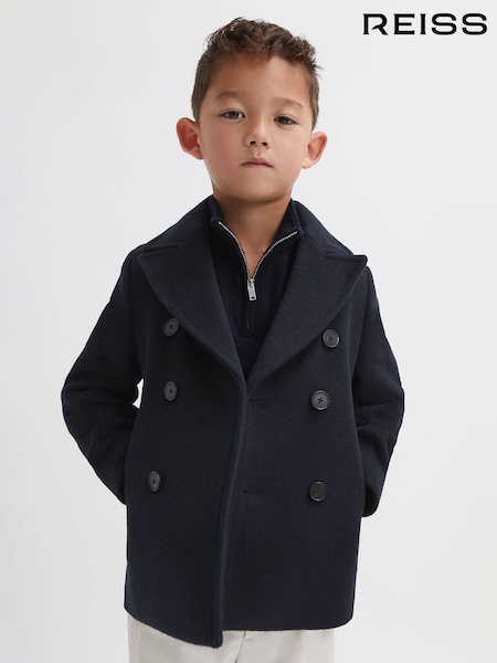 Reiss Navy Bergamo 9-13 yrs Wool-Blend Twill Double-Breasted Coat (860925) | AED778