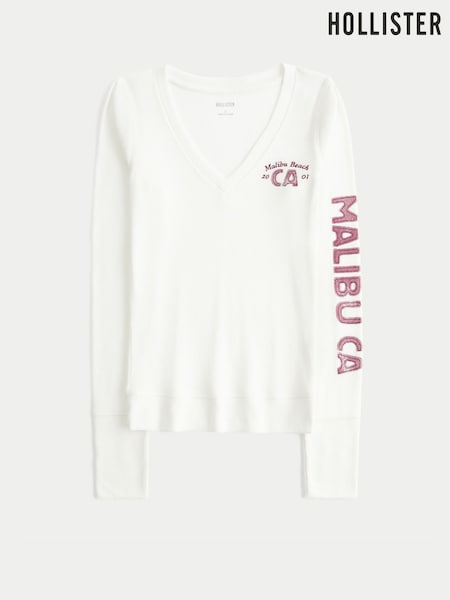 White - Hollister V-neck Graphic Long Sleeve Top