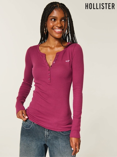 Red - Hollister Henley Stripe Long Sleeve Top