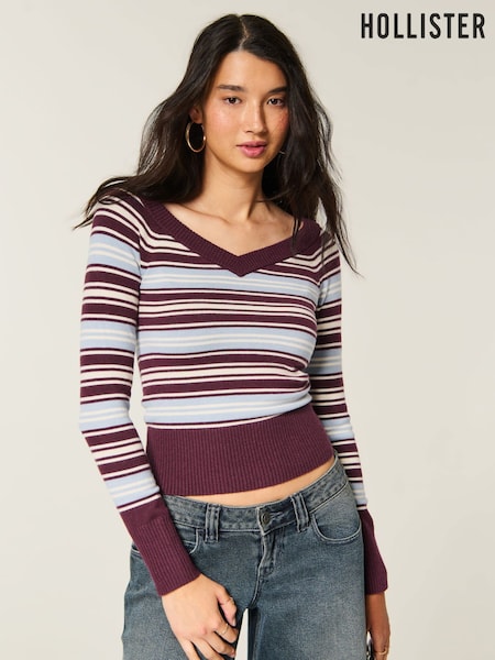 Red - Hollister V-neck Stripe Jumper