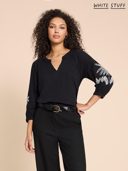 White Stuff Black Mix Embroidered Millie 100% Cotton Top (861471) | 130 QAR