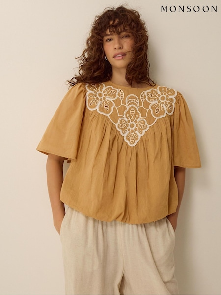 Cream - Monsoon Delta Embroidered Bubble Hem Top