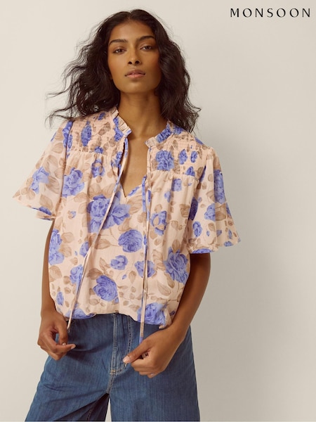 Cream - Monsoon Lori Floral Bubble Hem Blouse