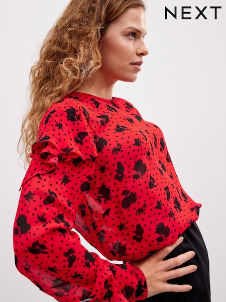 Preen Rot/Schwarz mit Blumen-Punktmuster - Ruffle Long Sleeve Blouse (861598) | 13 €