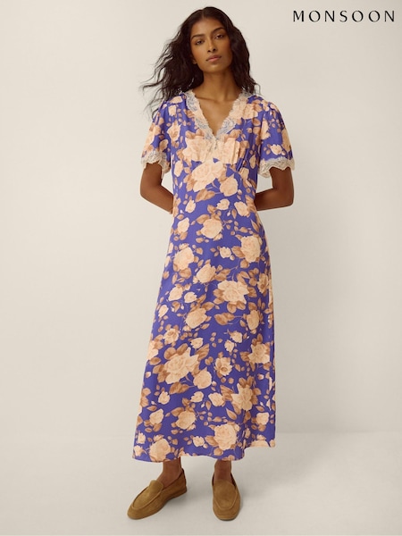 Blue - Monsoon Lori Lace Floral Satin Midi Dress