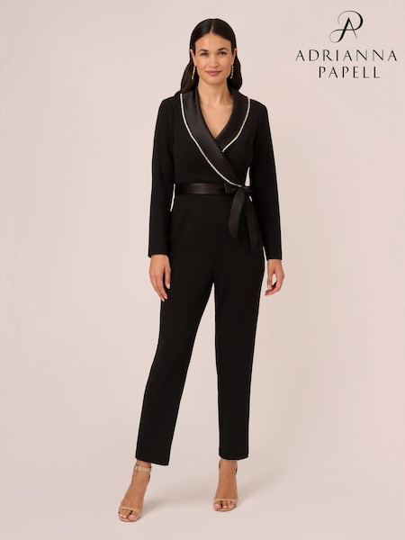 Adrianna Papell Crystal Trim Tuxedo Black Jumpsuit (861789) | €62