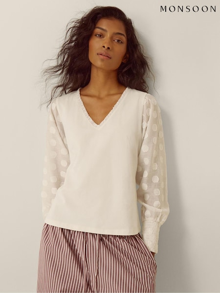 Cream - Monsoon Ferne V-neck Polka Dot Top