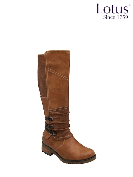 Lotus Brown Zip-Up Knee-High Boots (862428) | AED218