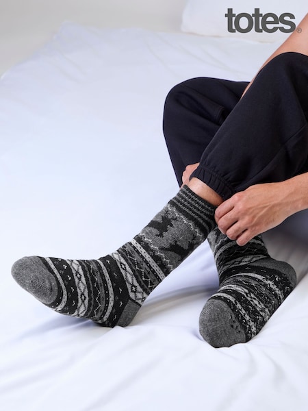 Grey - Regular Totes Fair Isle Slipper Socks With Sherpa Lining