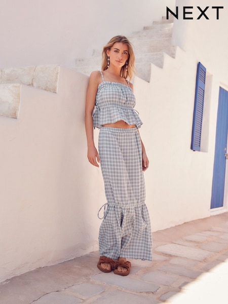 Blue Check 100% Cotton Tiered Maxi Skirt (863186) | €9