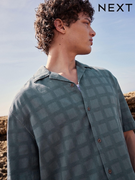 Blue Textured Short Sleeve Shirt with Cuban Collar (863287) | €16