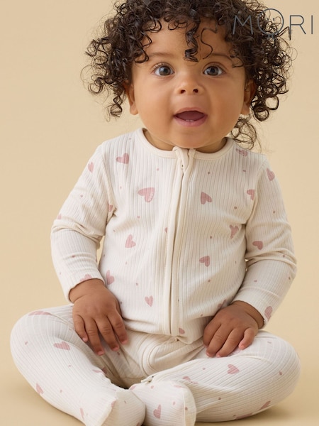 Cream - Mori Hearts Print Supersoft Ribbed Two Way Zip-up Sleepsuit