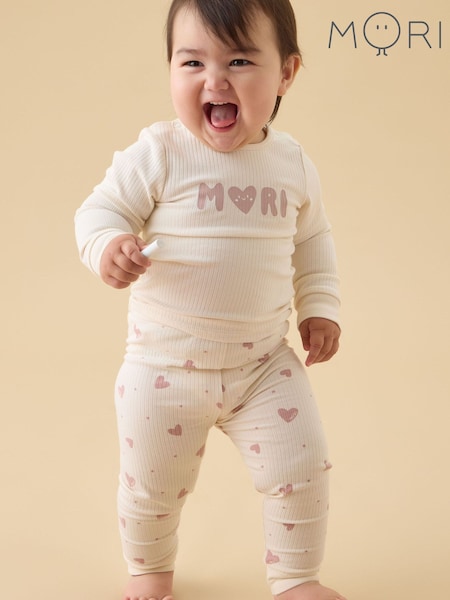 Cream - Mori Hearts Placement Print Supersoft Ribbed Pyjamas Set
